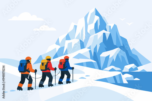 Three mountain climbers roped together hiking up a snowy slope towards a massive ice mountain peak. Flat vector illustration of winter mountaineering, trekking, and outdoor adventure sports.