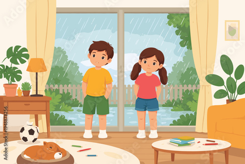 Sad little boy and girl standing inside their cozy living room looking out the glass door at the heavy rain falling outside, feeling bored and disappointed, simple flat vector style illustration.