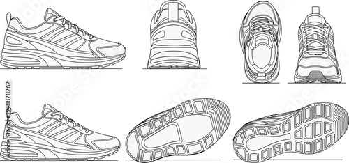 Sneaker multi-angle technical line drawing illustration featuring side rear top front bottom views stitching sole tread flat vector illustration