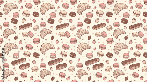 French patisserie vector seamless pattern featuring croissants macarons and assorted pastries on cream background
