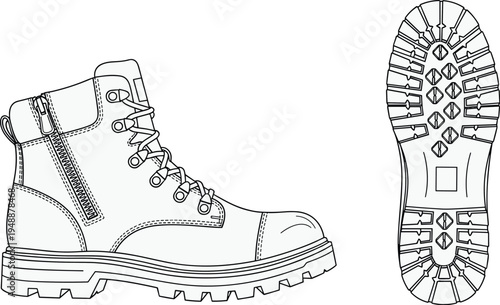 Heavy-duty rugged boot technical line drawing illustration featuring lace-up design, side zipper, reinforced stitching, tread sole flat vector illustration