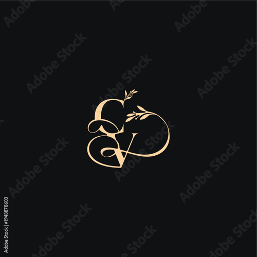 monogram elegant concept luxury feel with wavy line CV organic leaves wedding logo letter