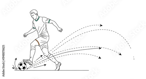 Soccer player dribbling ball with motion lines illustration.