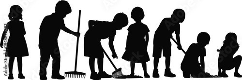 kids gardening silhouettes set, children raking digging and planting activity illustration, outdoor environmental learning, school garden work vector