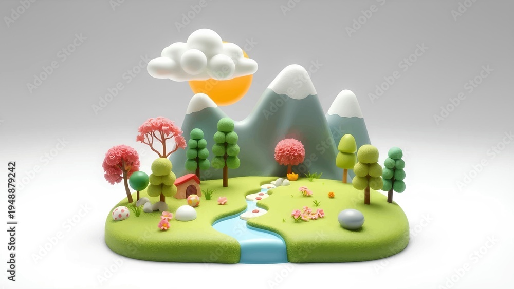 Fototapeta premium Playful Miniature World with Clay Mountains, River, Green Hills, and Colorful Trees