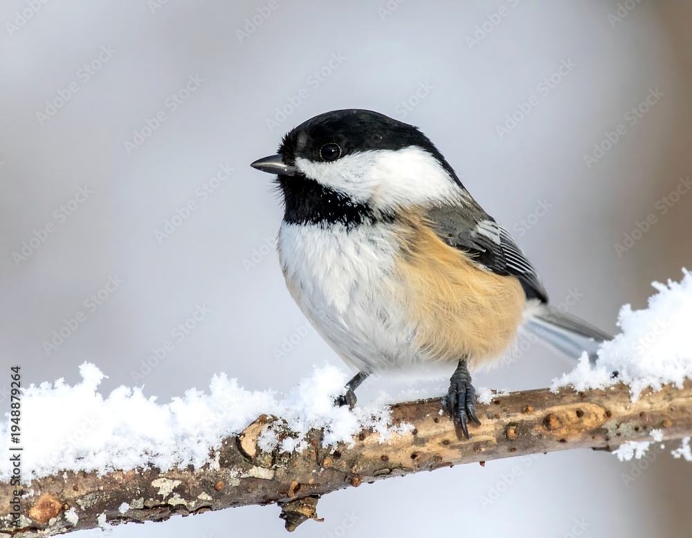 Obraz premium Perched chickadee bird on a snow-covered branch, winter background