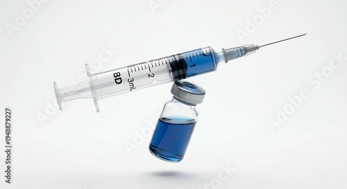 Macro photography of sterile syringe and medicine vial floating on seamless white background.