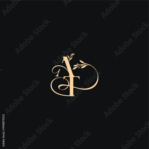 monogram elegant concept luxury feel with wavy line AT organic leaves wedding logo letter