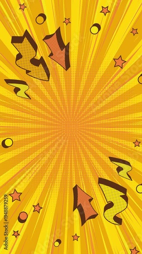 Vibrant yellow comic book background with radial lines, stars, and arrows