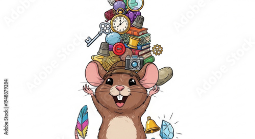 Brown mouse with colorful objects on head and happy expression on white background