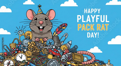Playful rat in party hat surrounded by colorful clutter and toys on blue background with clouds