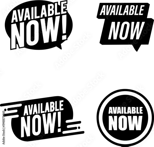 Available Now badges set with bold typography for retail promotion and product launch labels