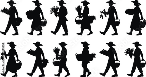 farmer silhouette collection, people carrying vegetables and harvest basket, agriculture workers illustration, rural farming lifestyle, farm produce vector set