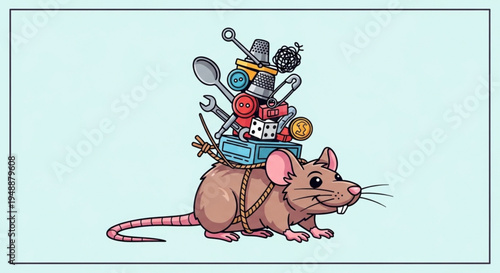 Brown mouse carrying kitchen utensils and appliances on back with rope