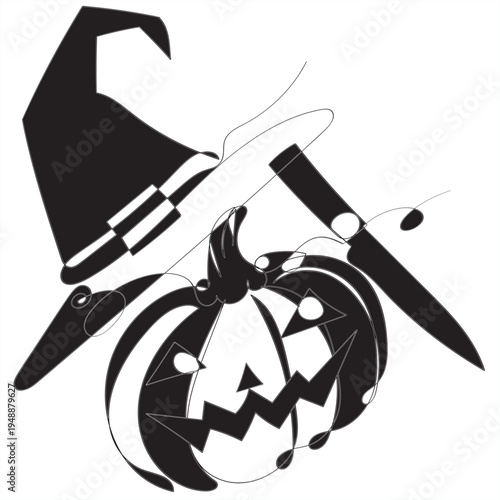 Halloween pumpkin carving illustration in continuous line art style with knife and jack o lantern face. Minimalist black and white outline drawing suitable for Halloween decoration, coloring page, ste