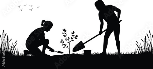 gardening silhouette scene, people planting tree illustration, nature garden work concept, environmental planting activity, outdoor teamwork landscape vector design
