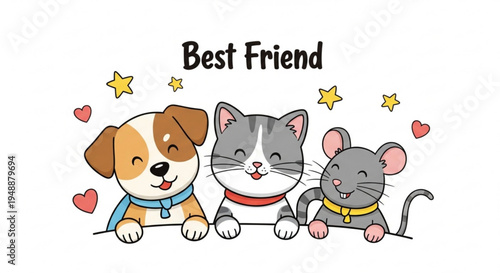 Friendly dog cat and mouse best friends together with hearts and stars