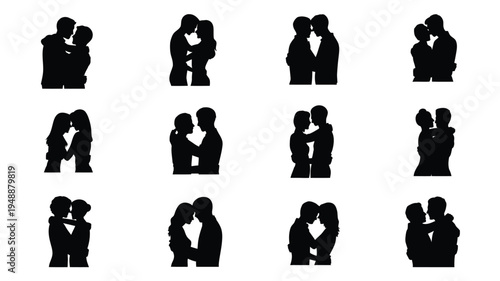 Collection of black silhouettes of couples in romantic poses on white background for graphic design