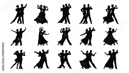 Collection of black silhouette couples dancing in various ballroom styles on white background