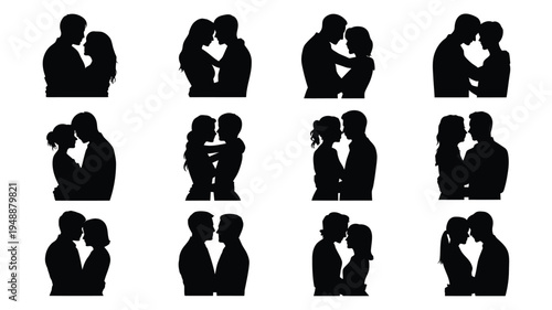 Collection of black silhouette icons depicting romantic couple poses and intimate moments in various loving embraces