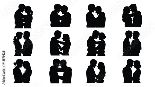 Collection of black silhouette graphics depicting romantic couples kissing and embracing in various intimate poses on white background