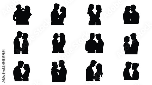 Collection of black silhouette icons depicting romantic couples kissing and embracing in various intimate poses on white background