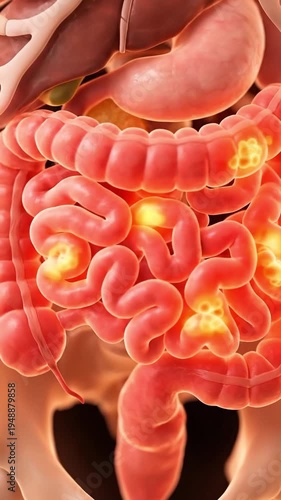 Human digestive system with highlighted intestines, suitable for medical education, healthcare presentations, anatomical studies, and disease research.