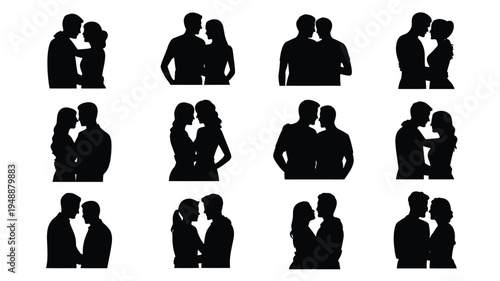 Collection of black silhouette icons featuring couples in various romantic poses and interactions on white background