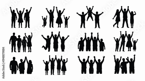 Collection of black silhouette people icons with raised arms in various poses on white background for design and illustration