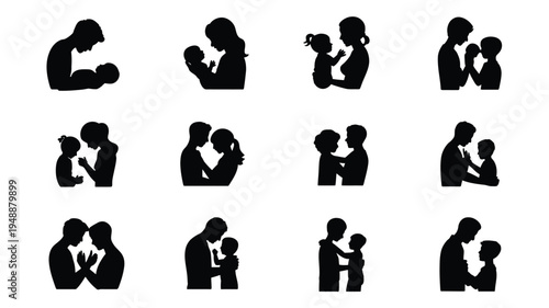 Minimalist family silhouettes collection black icons on white background various emotive poses