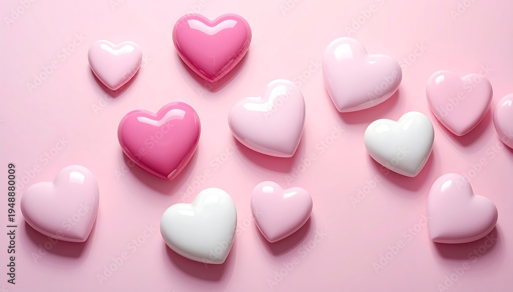 Fototapeta premium Pink and white heart-shaped objects scattered on pink background