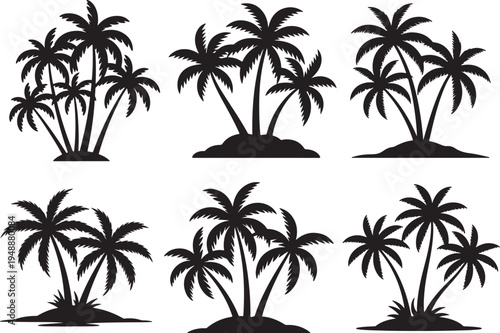 Set of Black Palm Tree Silhouette – Tropical Beach Nature Icon, Summer Vacation Exotic Vector Illustration