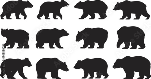 bear silhouette set, wild animal black bear collection, walking grizzly wildlife icons, forest mammal vector illustration pack