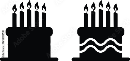 Two black birthday cake silhouettes with five burning candles and decorative icing waves for anniversary celebrations party invitations greeting cards and festive dessert graphic design