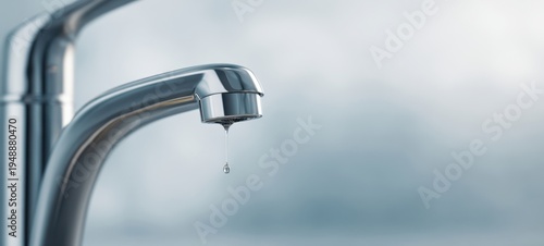 The faucet with a single water droplet captured falling against a soft background