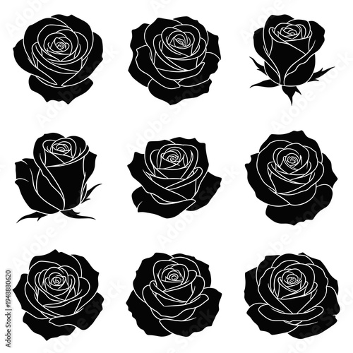 Set of Detailed Rose Flower Head Silhouette Icons