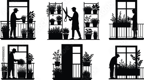 Urban balcony gardening silhouettes set with people watering plants, pruning and caring for potted greenery near windows, home gardening lifestyle vector illustration collection