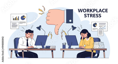 Overworked and stressed office employees sitting at their desks with computers while a giant thumbs down icon symbolizes workplace dissatisfaction.