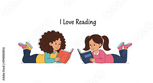 Two young girls lying on their stomachs and engrossed in reading their colorful books together in a peaceful indoor setting during their break.