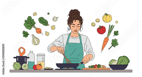 Young woman wearing an apron and happily cooking in a kitchen surrounded by various floating fresh vegetables and healthy ingredients for a meal.