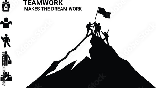Teamwork makes the dream work concept with mountain climbers and icons