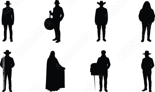 Silhouettes of people in various poses and attire standing alone