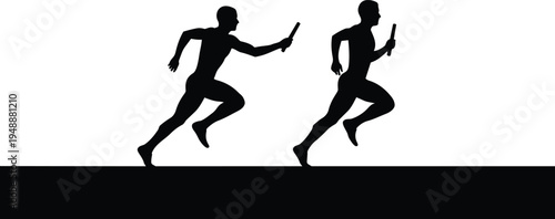Two athletes running with batons in relay race competition fast pace
