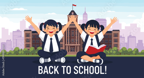Happy schoolgirls wearing uniforms and backpacks while sitting in front of a classic school building and celebrating the start of the academic year.
