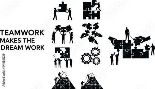 Teamwork makes dream work puzzle pieces with people working together