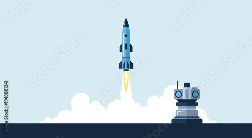 Blue rocket launching into the sky with smoke and flames from the launchpad, representing space exploration and technology.
