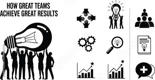 Teamwork collaboration achieving great results with lightbulb ideas and growth