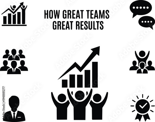 Teamwork success icons with graph and people silhouettes achieving great results