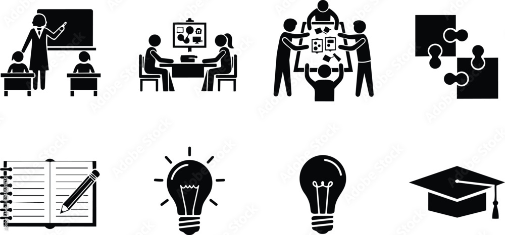 Naklejka premium Education learning icons set with people teaching studying and graduation cap