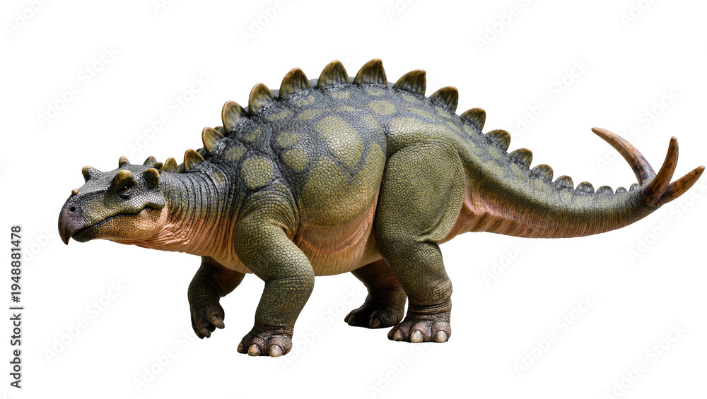 Obraz premium Isolated Ankylosaurus-like dinosaur model, prehistoric creature with armored body and tail spikes